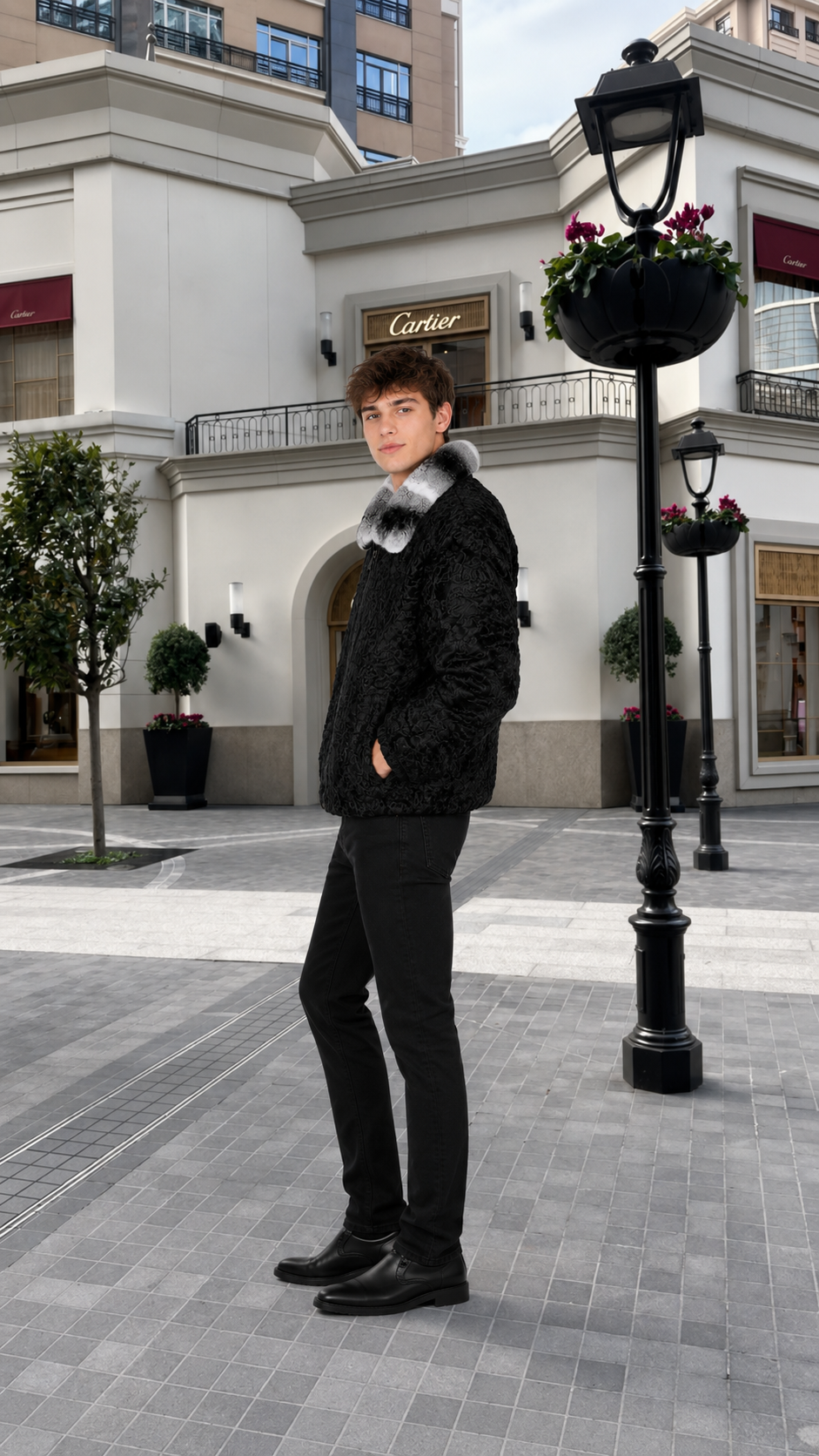 Men's Black Persian Fur Jacket with Natural Chinchilla Fur Collar