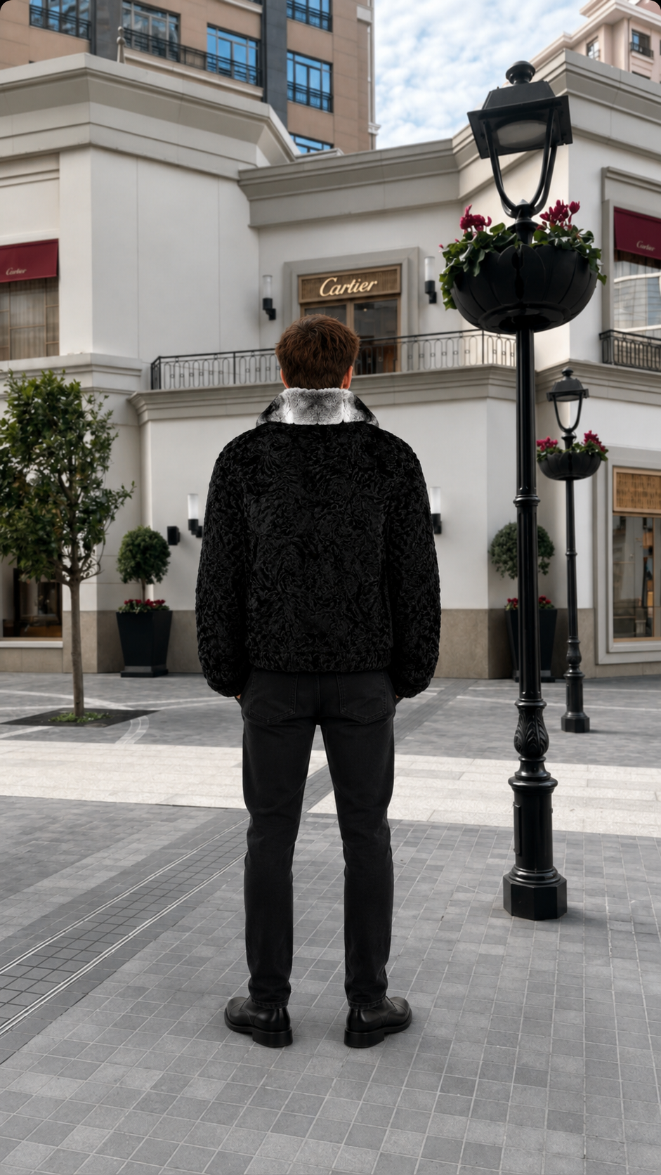 Men's Black Persian Fur Jacket with Natural Chinchilla Fur Collar