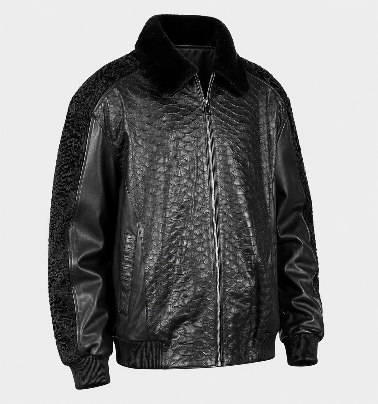 Men's Black Print Leather Jacket With Persian Lamb Collar