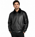Men's Black Print Leather Jacket With Persian Lamb Collar