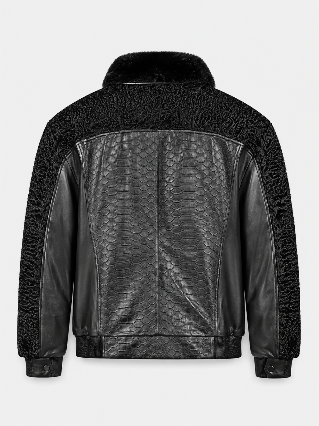 Men's Black Print Leather Jacket With Persian Lamb Collar