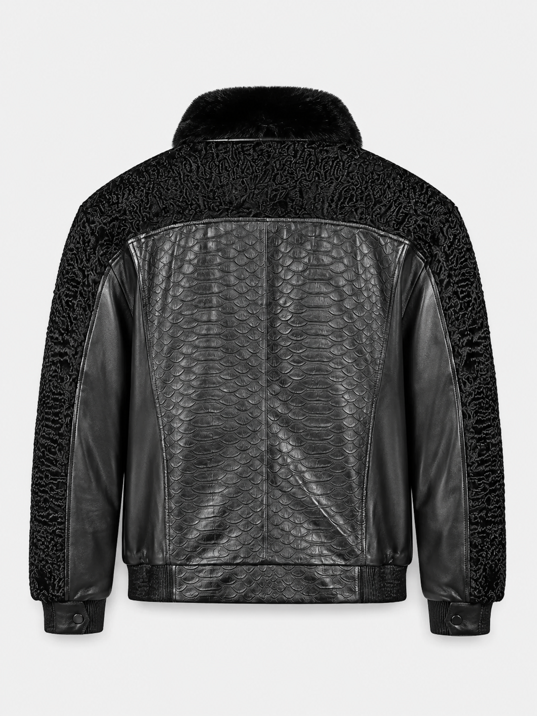 Men's Black Print Leather Jacket With Persian Lamb Collar
