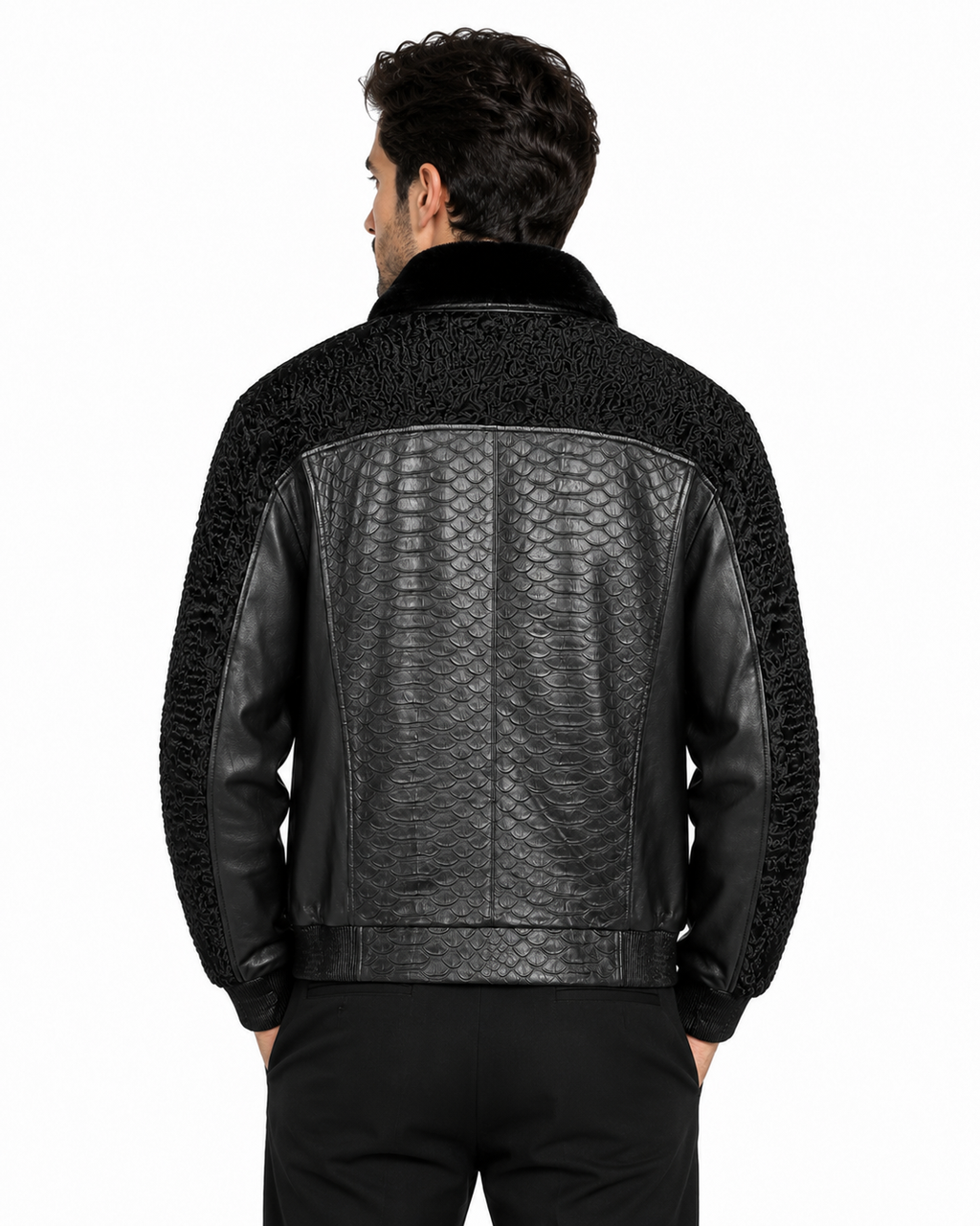 Men's Black Print Leather Jacket With Persian Lamb Collar