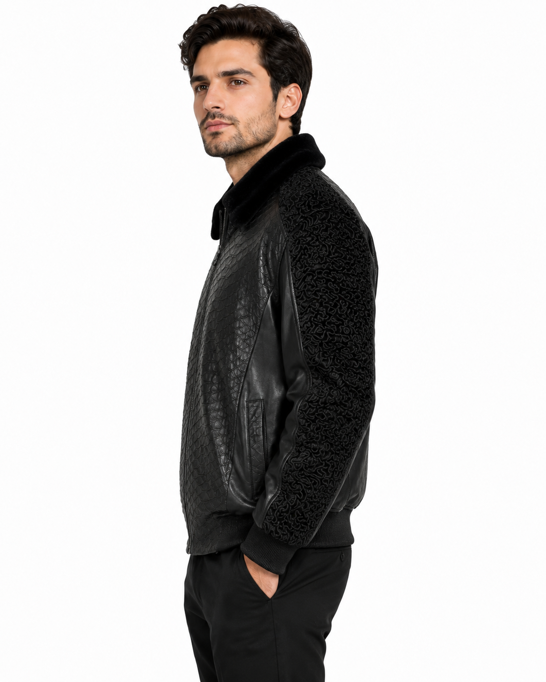 Men's Black Print Leather Jacket With Persian Lamb Collar