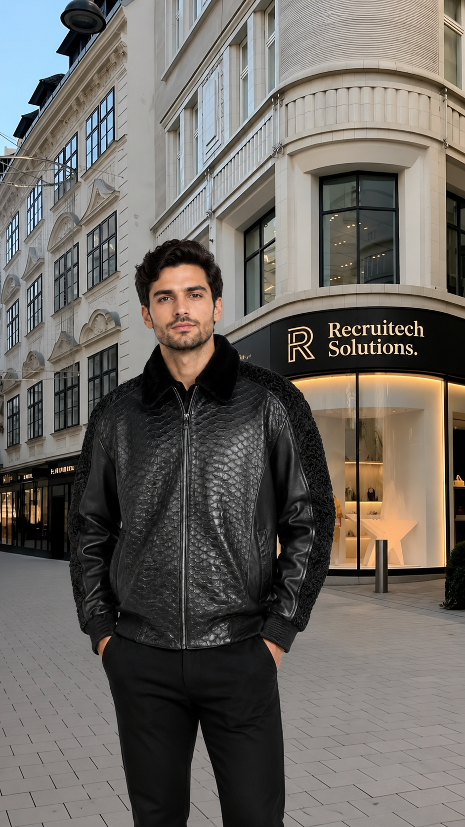 Men's Black Print Leather Jacket With Persian Lamb Collar