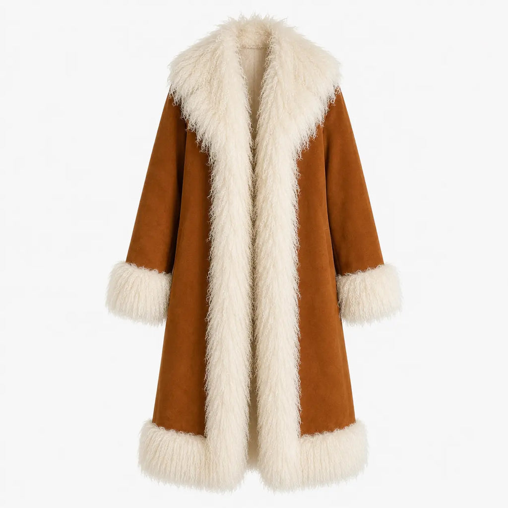 Cognac Suede Mongolian Fur Trim Coat for Women