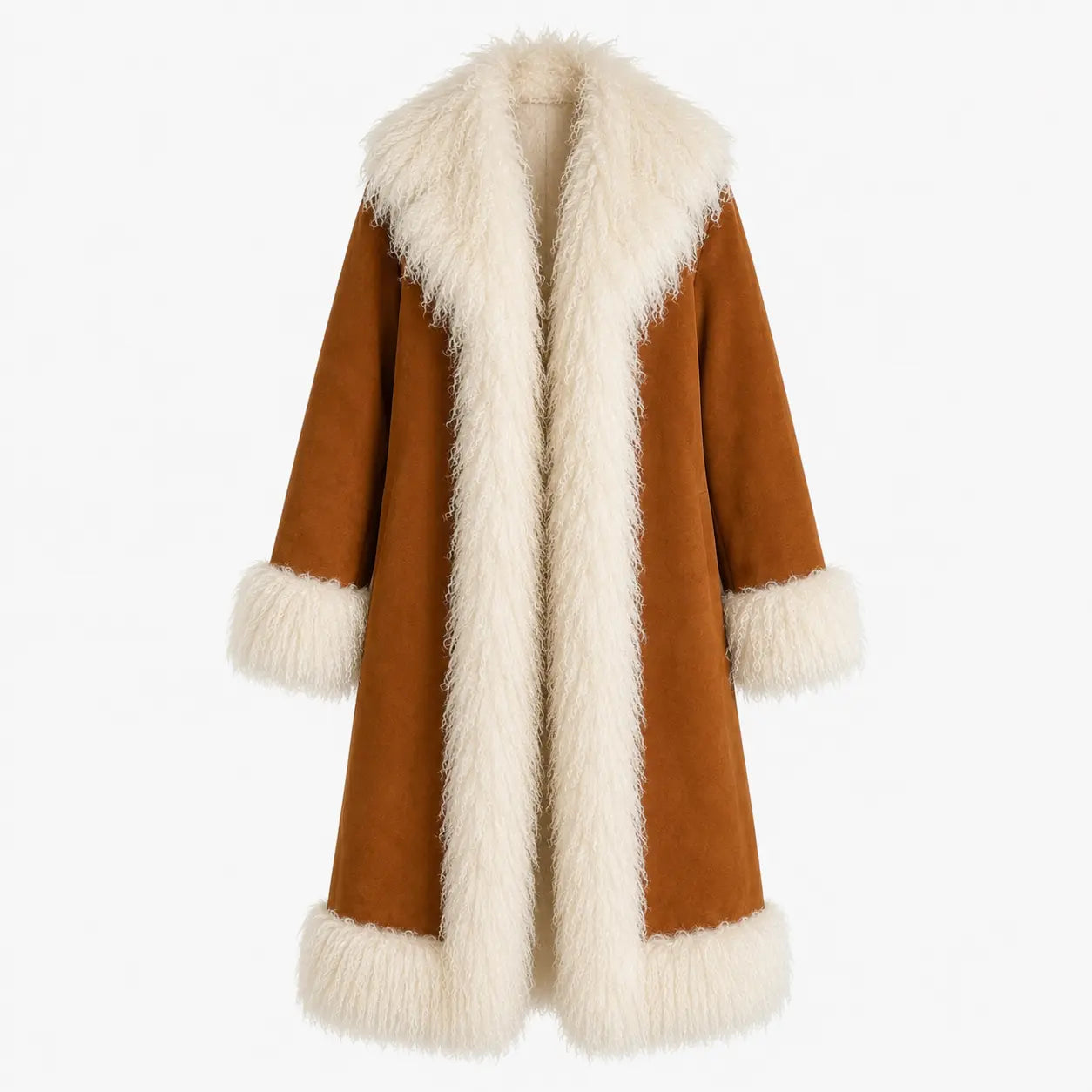 Cognac Suede Mongolian Fur Trim Coat for Women