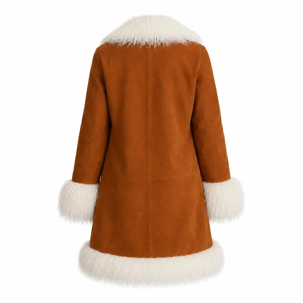 Cognac Suede Mongolian Fur Trim Coat for Women