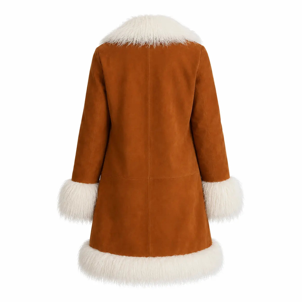 Cognac Suede Mongolian Fur Trim Coat for Women