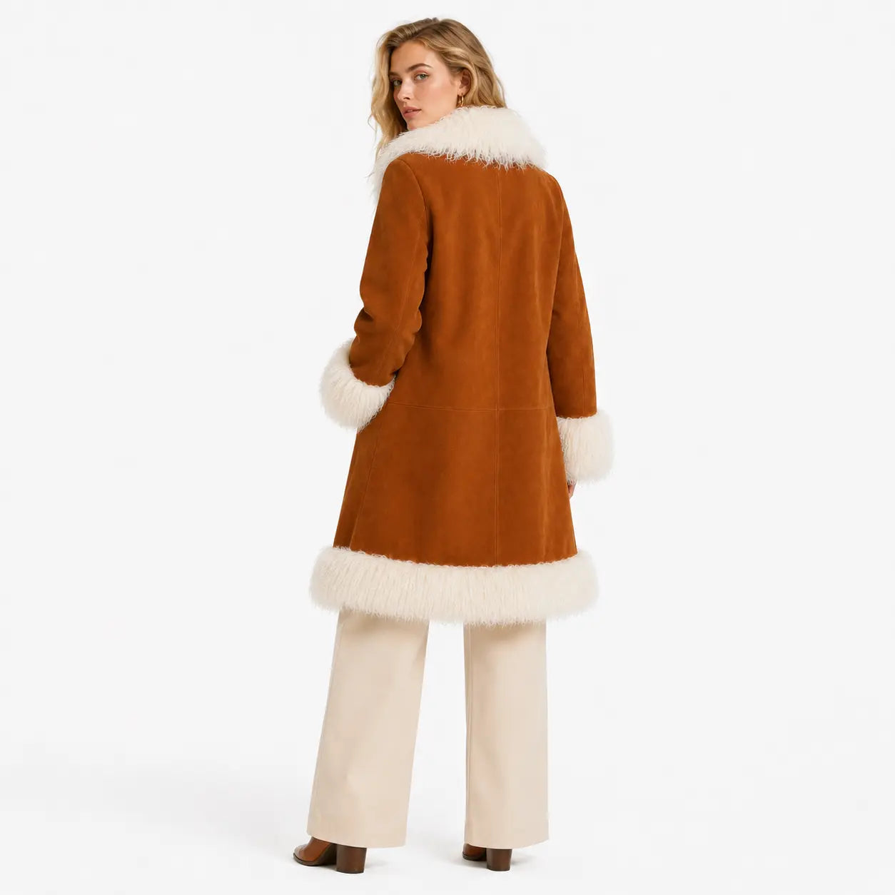 Cognac Suede Mongolian Fur Trim Coat for Women