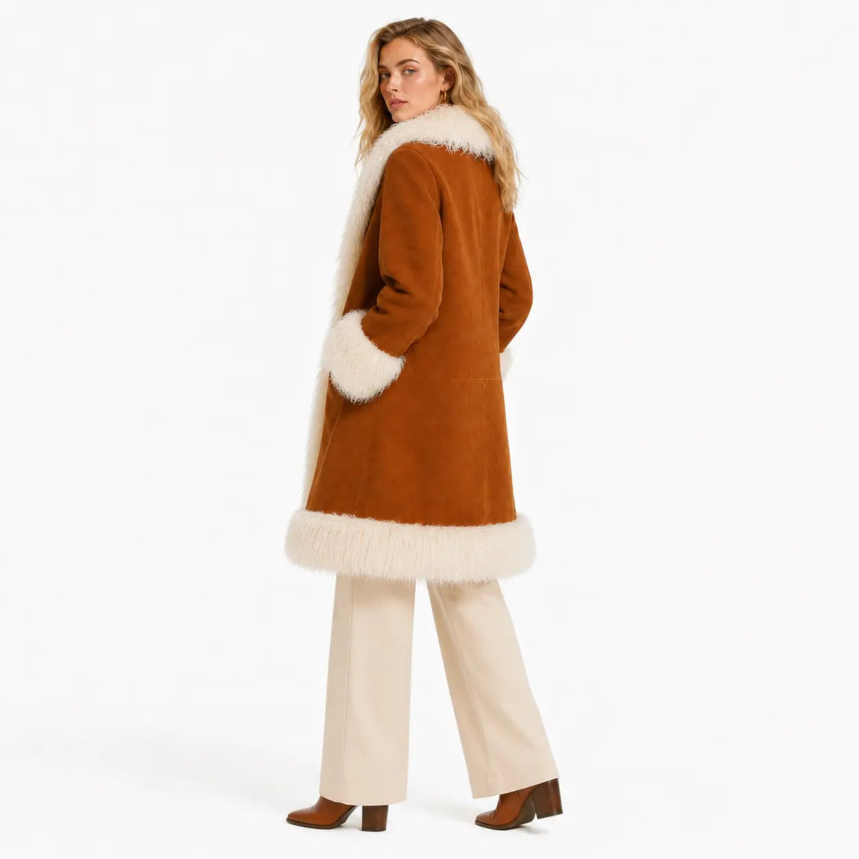 Cognac Suede Mongolian Fur Trim Coat for Women