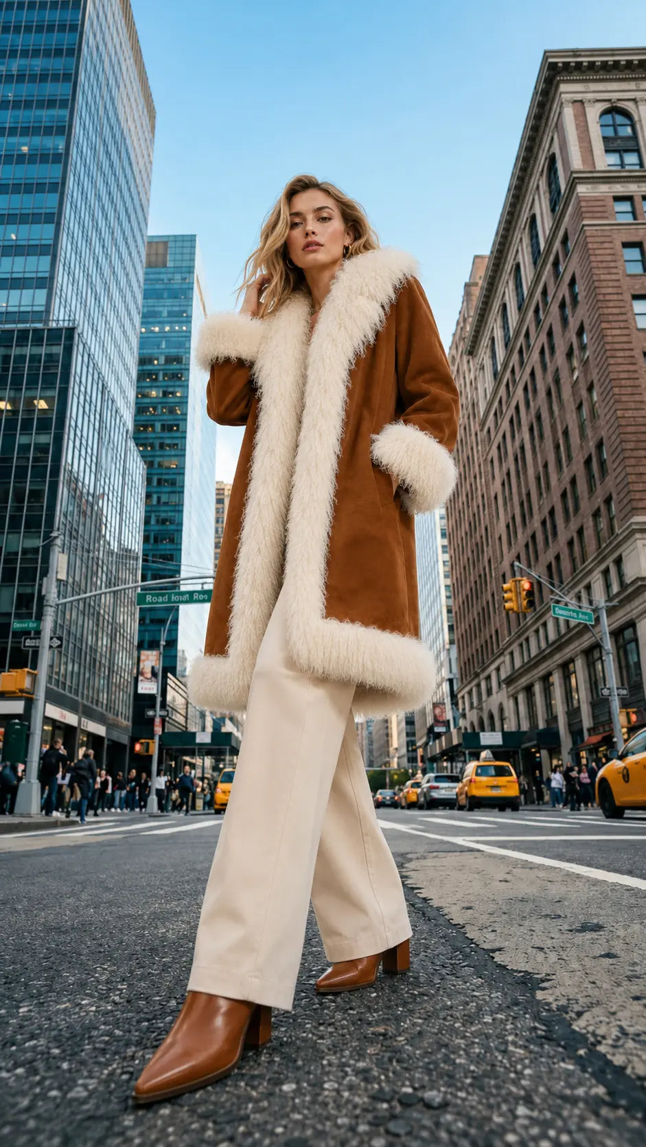 Cognac Suede Mongolian Fur Trim Coat for Women