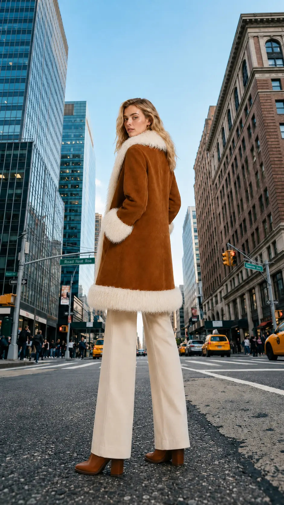 Cognac Suede Mongolian Fur Trim Coat for Women