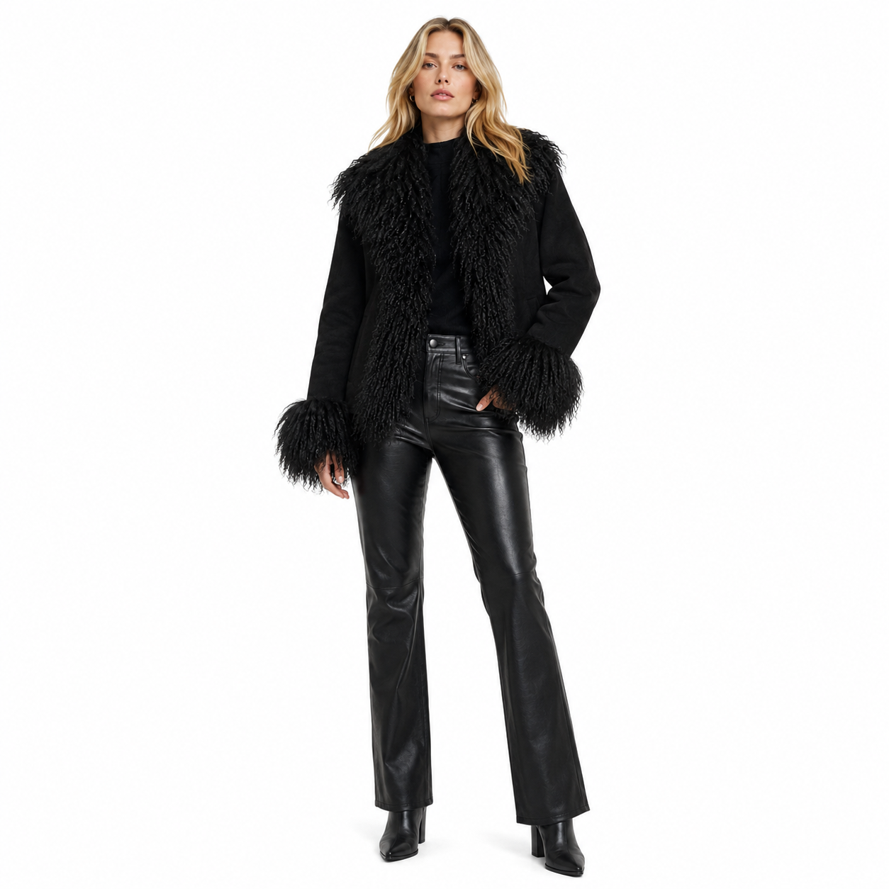 Women's Black Mongolian Fur Trim Suede Jacket