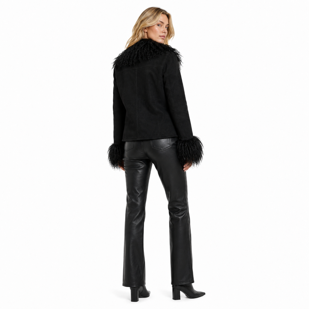 Women's Black Mongolian Fur Trim Suede Jacket