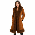 Cognac Suede Mongolian Fur Trim Long Coat for Women