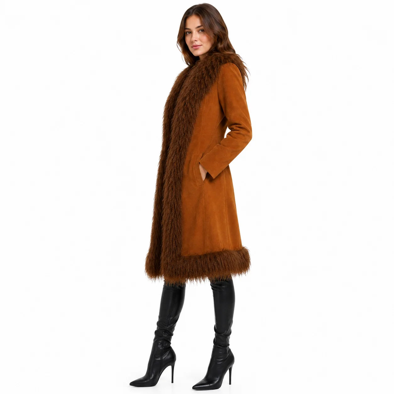 Cognac Suede Mongolian Fur Trim Long Coat for Women