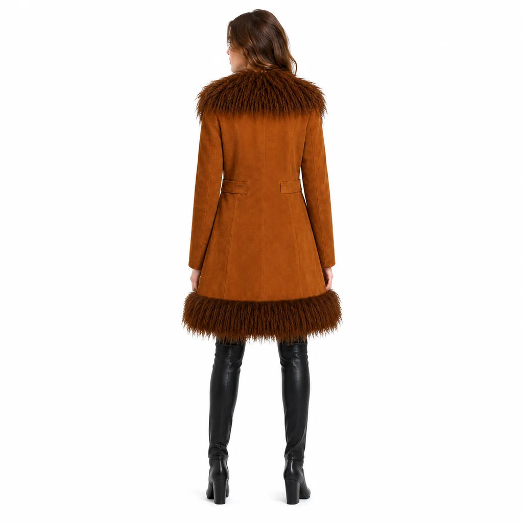 Cognac Suede Mongolian Fur Trim Long Coat for Women