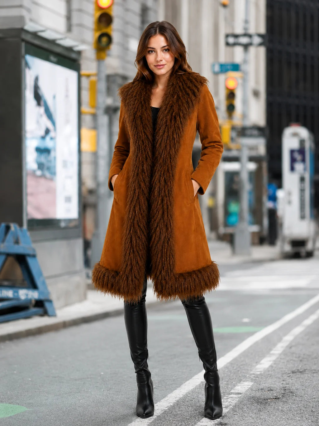 Cognac Suede Mongolian Fur Trim Long Coat for Women