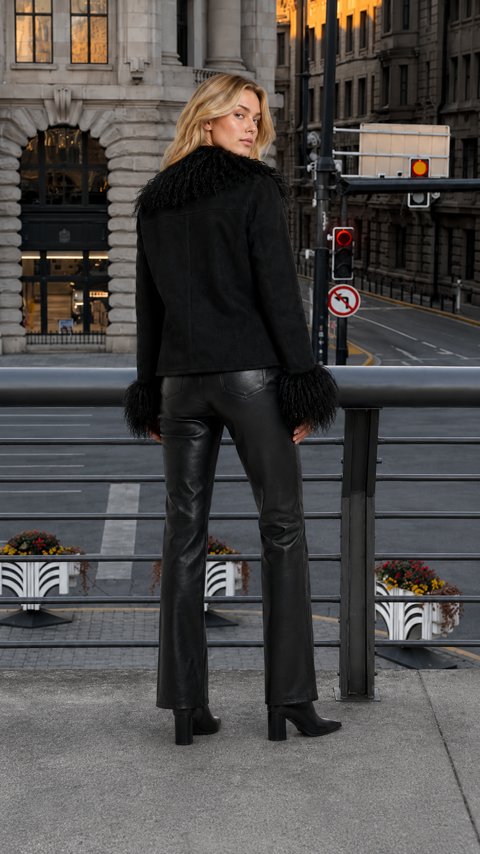 Women's Black Mongolian Fur Trim Suede Jacket