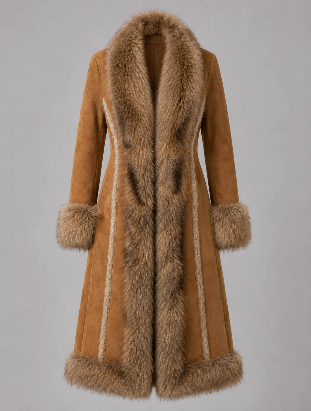 Tan Suede Mongolian Fur Trim Long Coat for Women