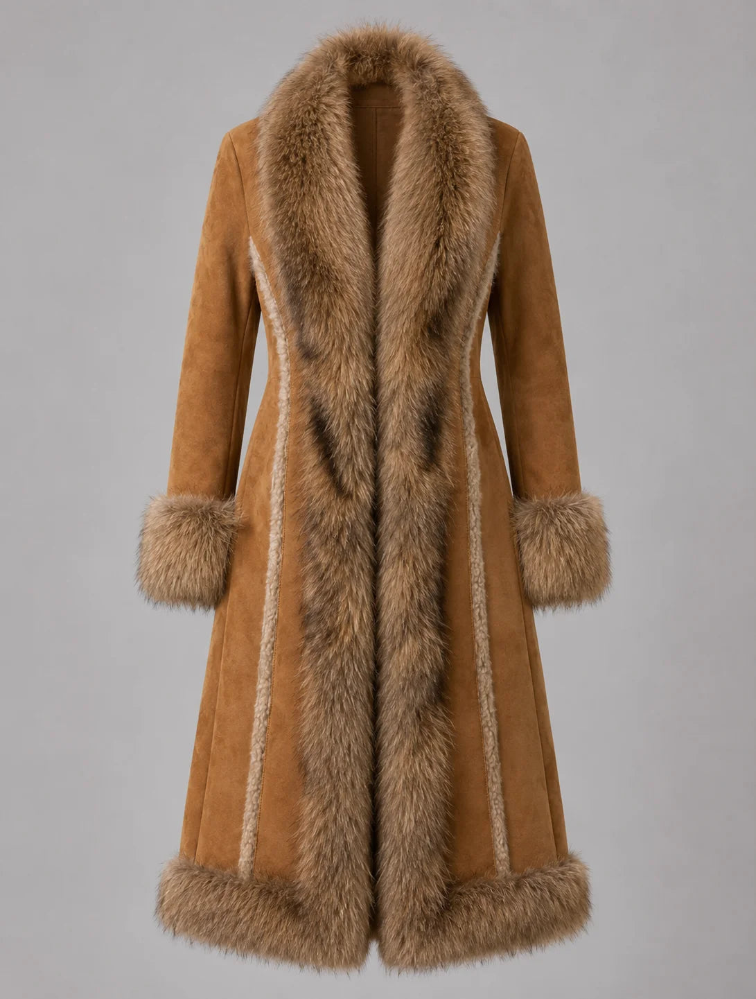 Tan Suede Mongolian Fur Trim Long Coat for Women
