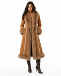 Tan Suede Mongolian Fur Trim Long Coat for Women