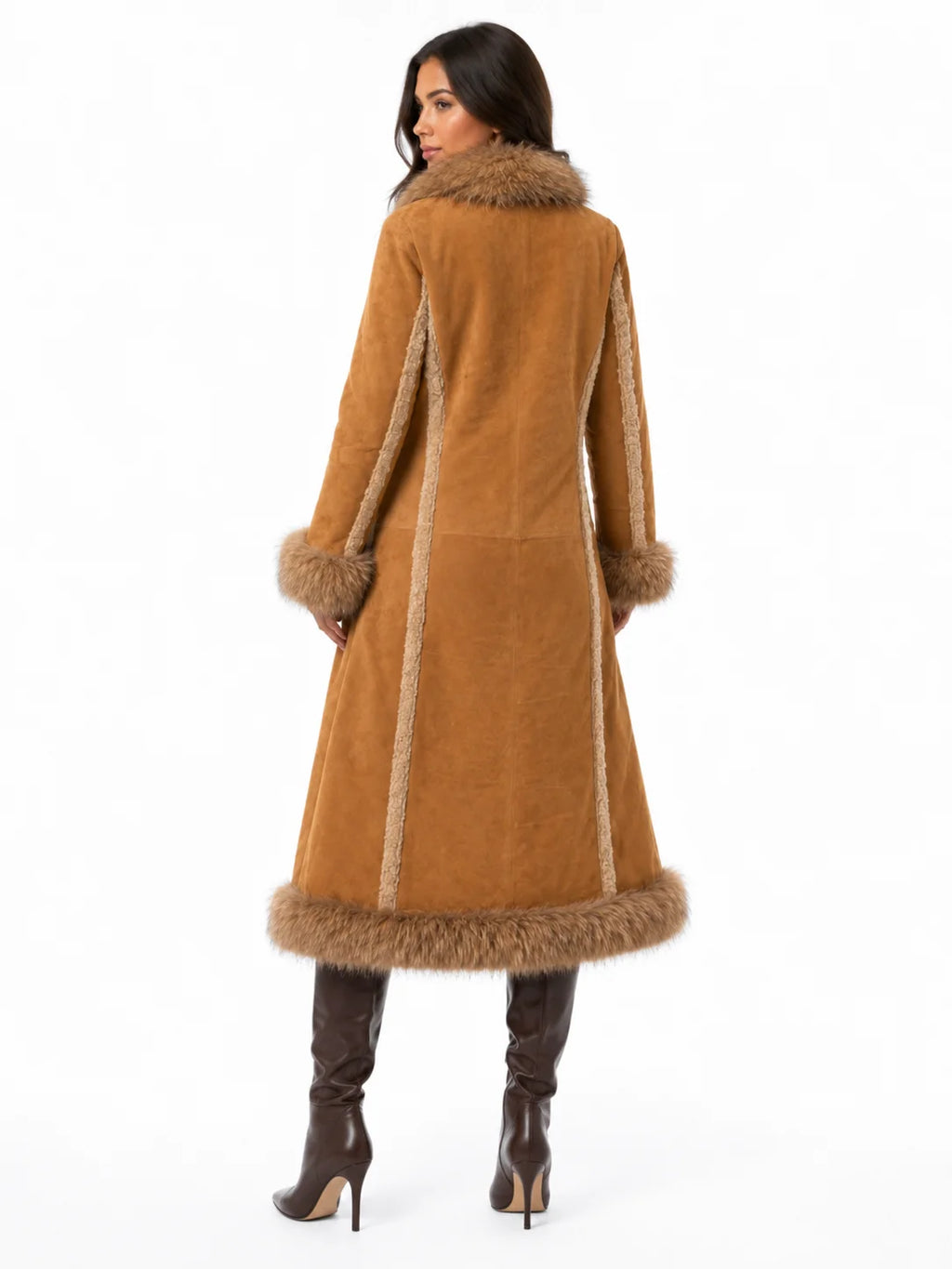 Tan Suede Mongolian Fur Trim Long Coat for Women