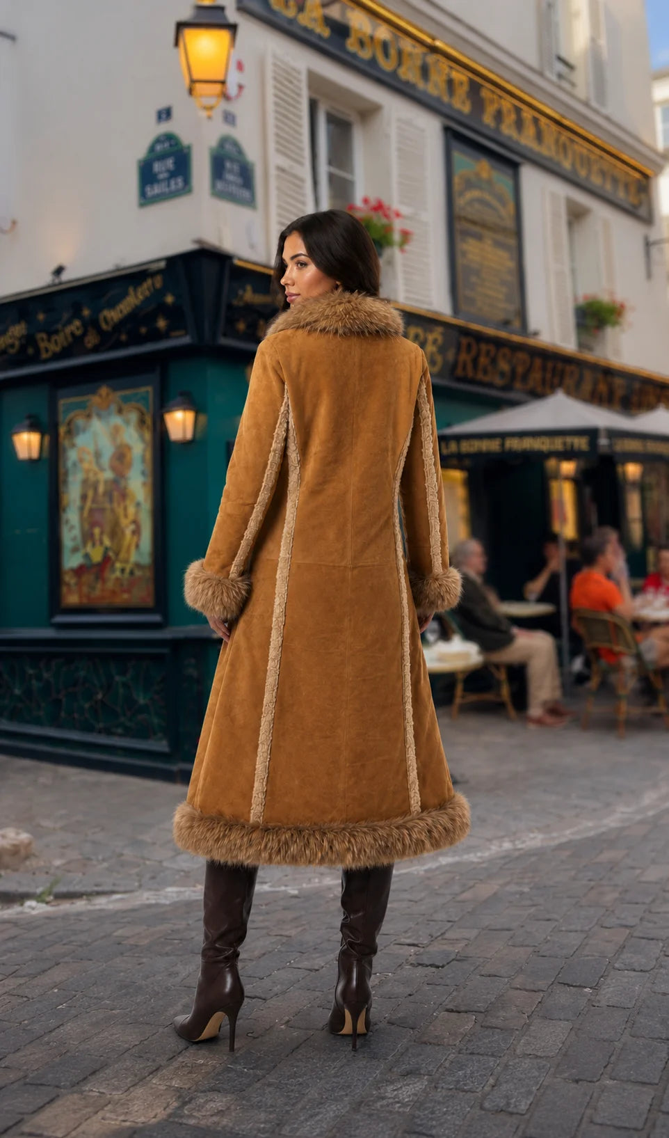 Tan Suede Mongolian Fur Trim Long Coat for Women