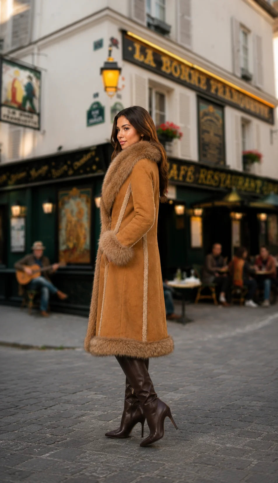 Tan Suede Mongolian Fur Trim Long Coat for Women