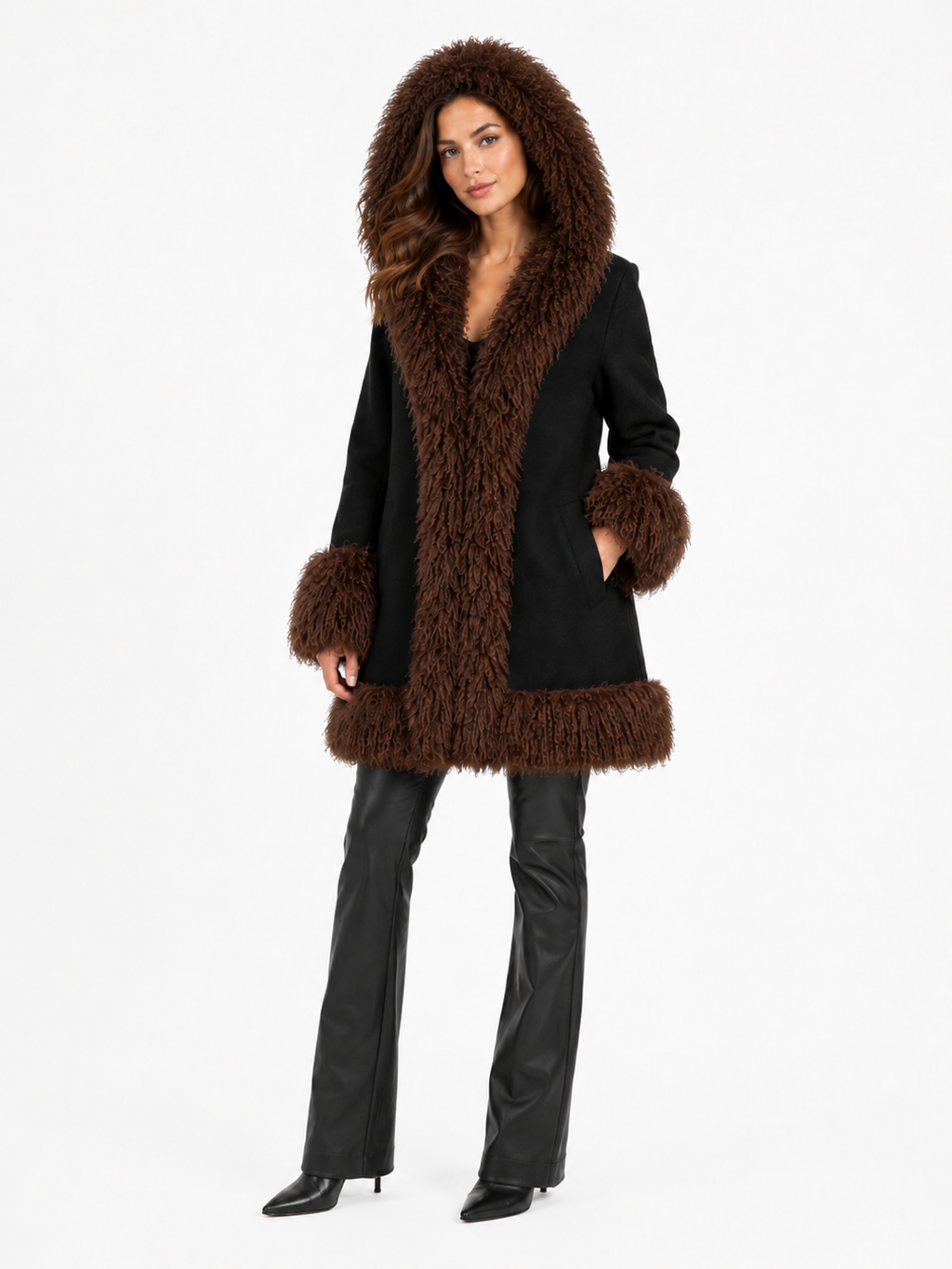 Women's Brown Mongolian Fur Trim Suede Jacket