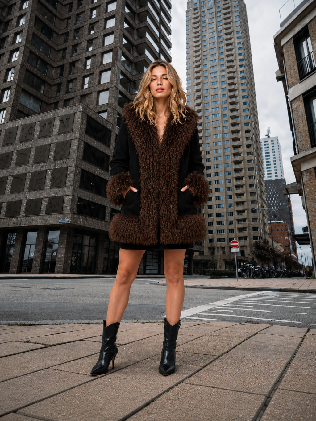 Women's Brown Mongolian Fur Trim Suede Jacket