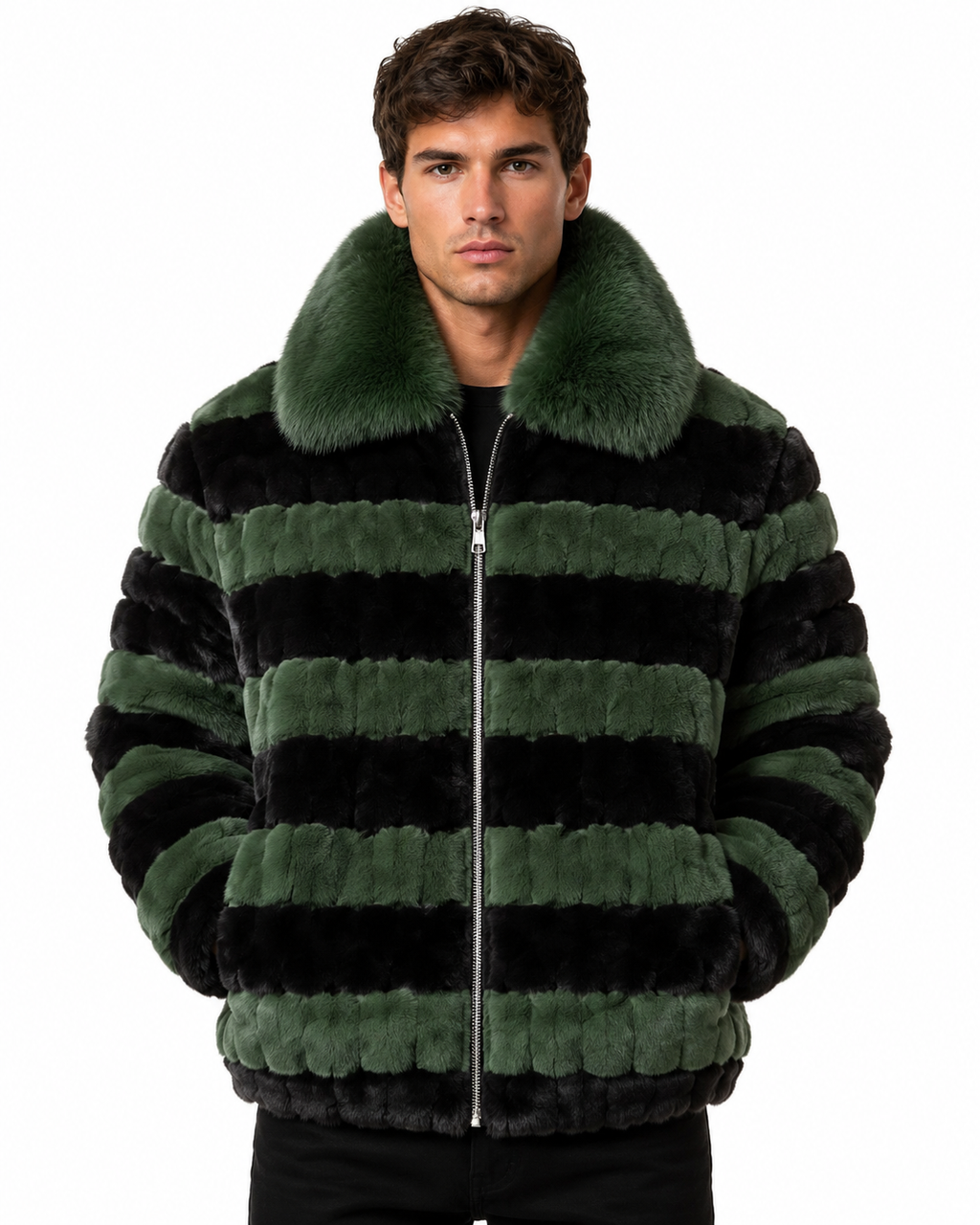 Green & Black Fox Fur Bomber Jacket for Men