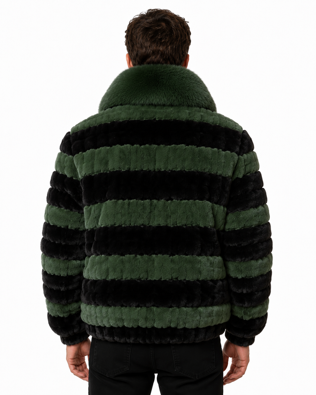 Green & Black Fox Fur Bomber Jacket for Men