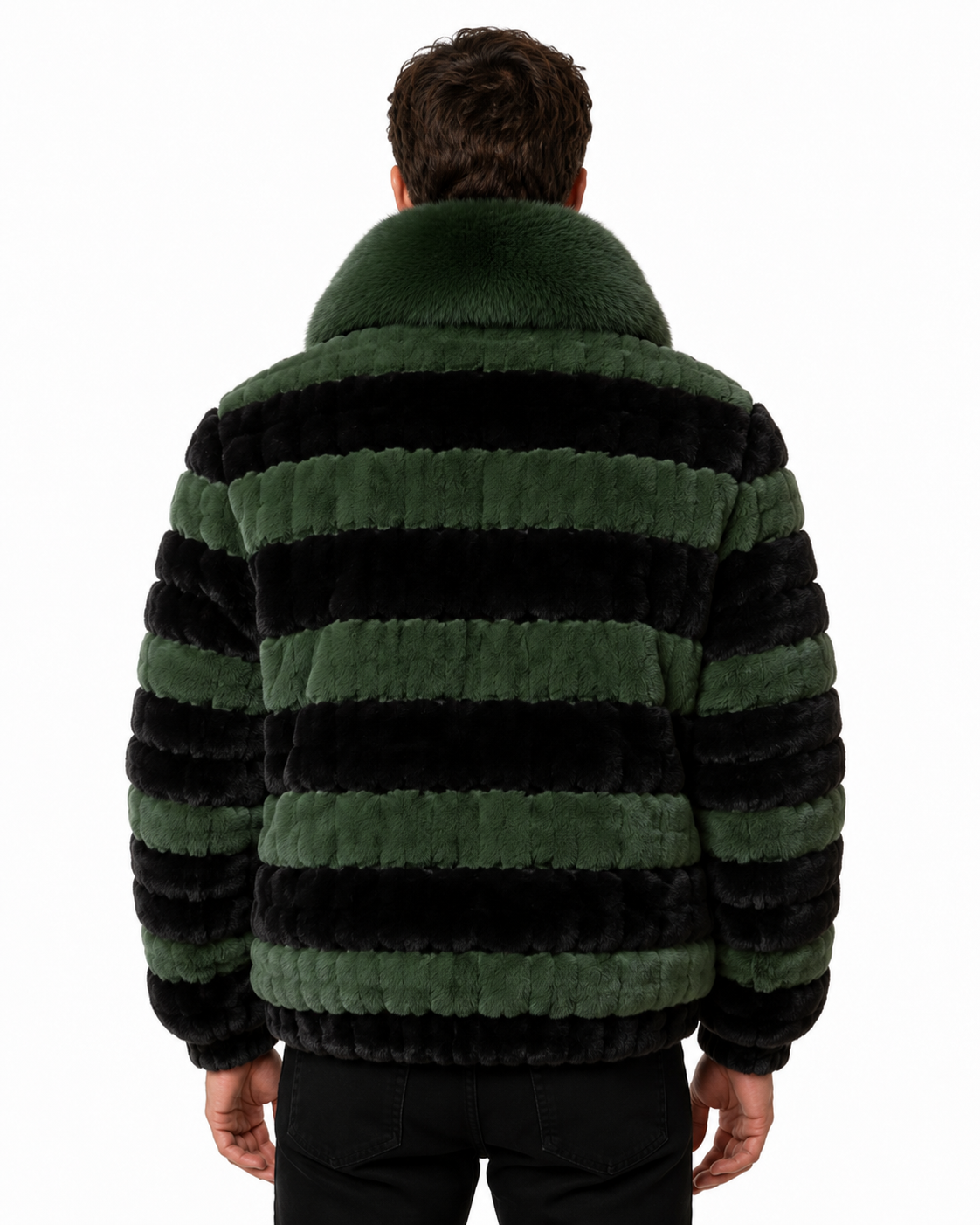 Green & Black Fox Fur Bomber Jacket for Men