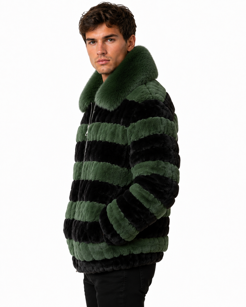 Green & Black Fox Fur Bomber Jacket for Men