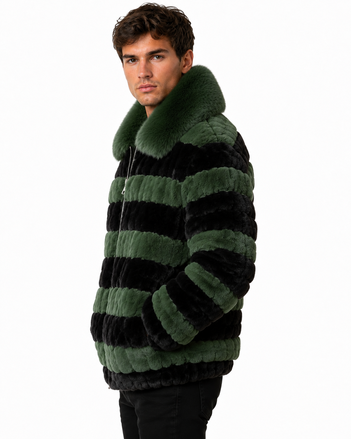 Green & Black Fox Fur Bomber Jacket for Men