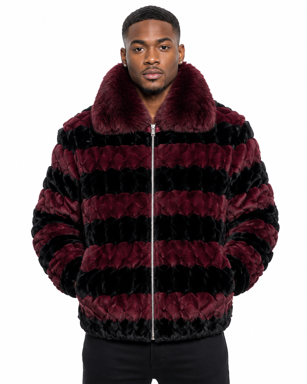 Men’s Burgundy & Black Fox Fur Jacket