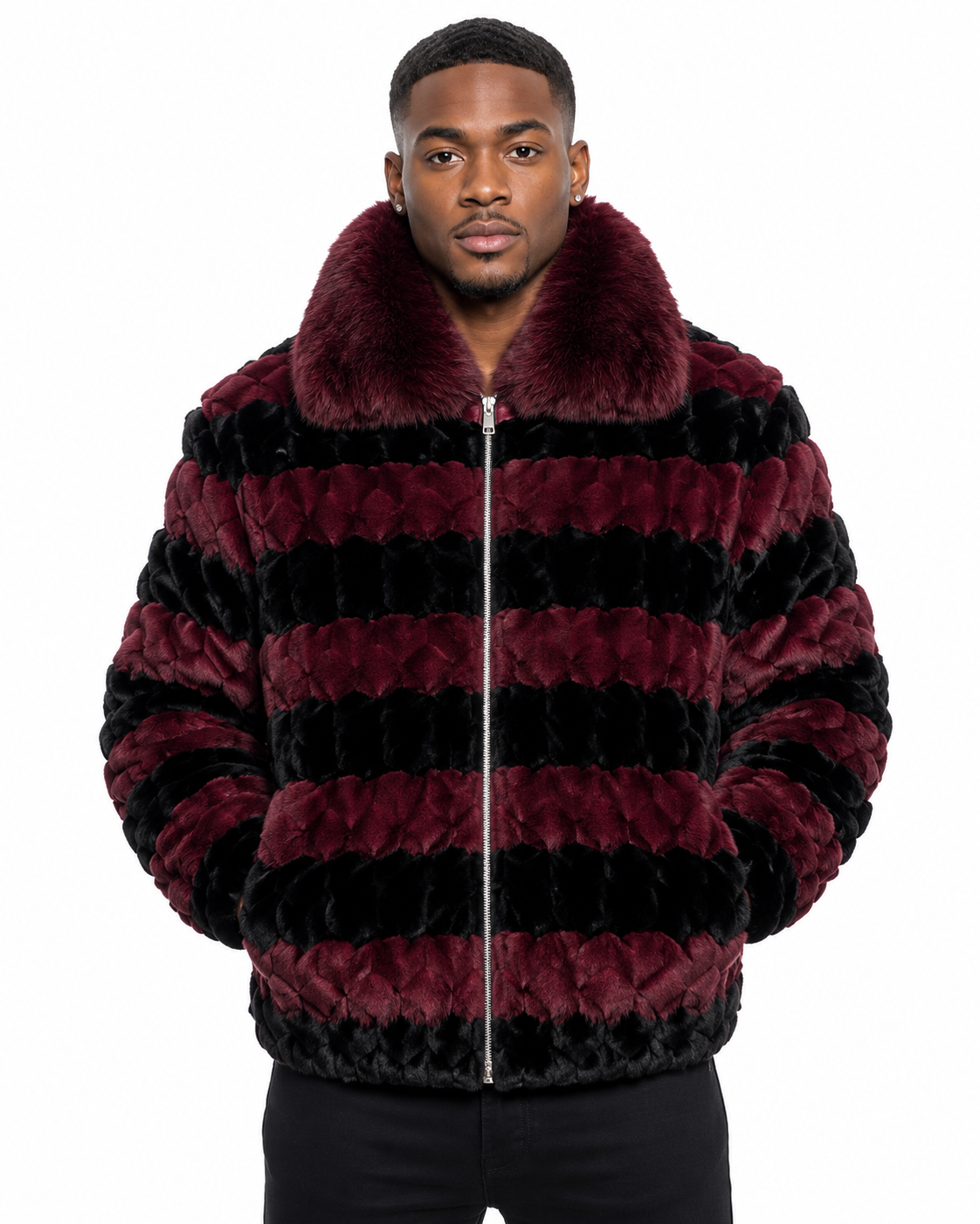 Men’s Burgundy & Black Fox Fur Jacket
