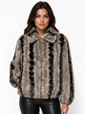 Women Rabbit Fur Bomber Jacket With Black Stripes