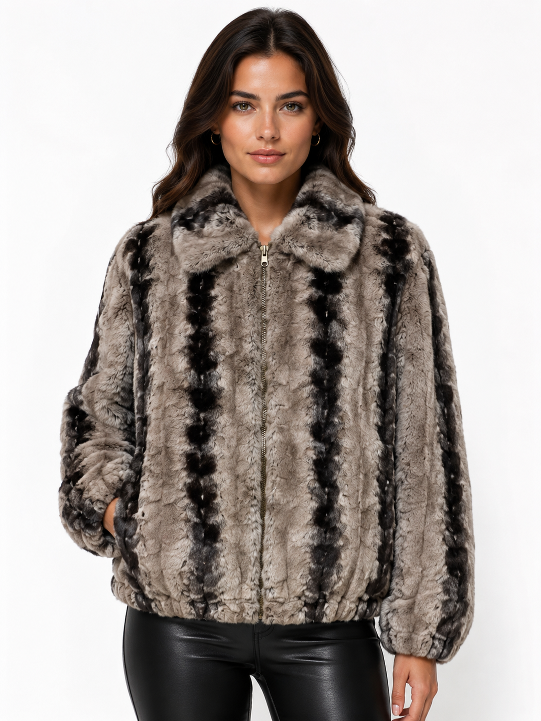 Women Rabbit Fur Bomber Jacket With Black Stripes