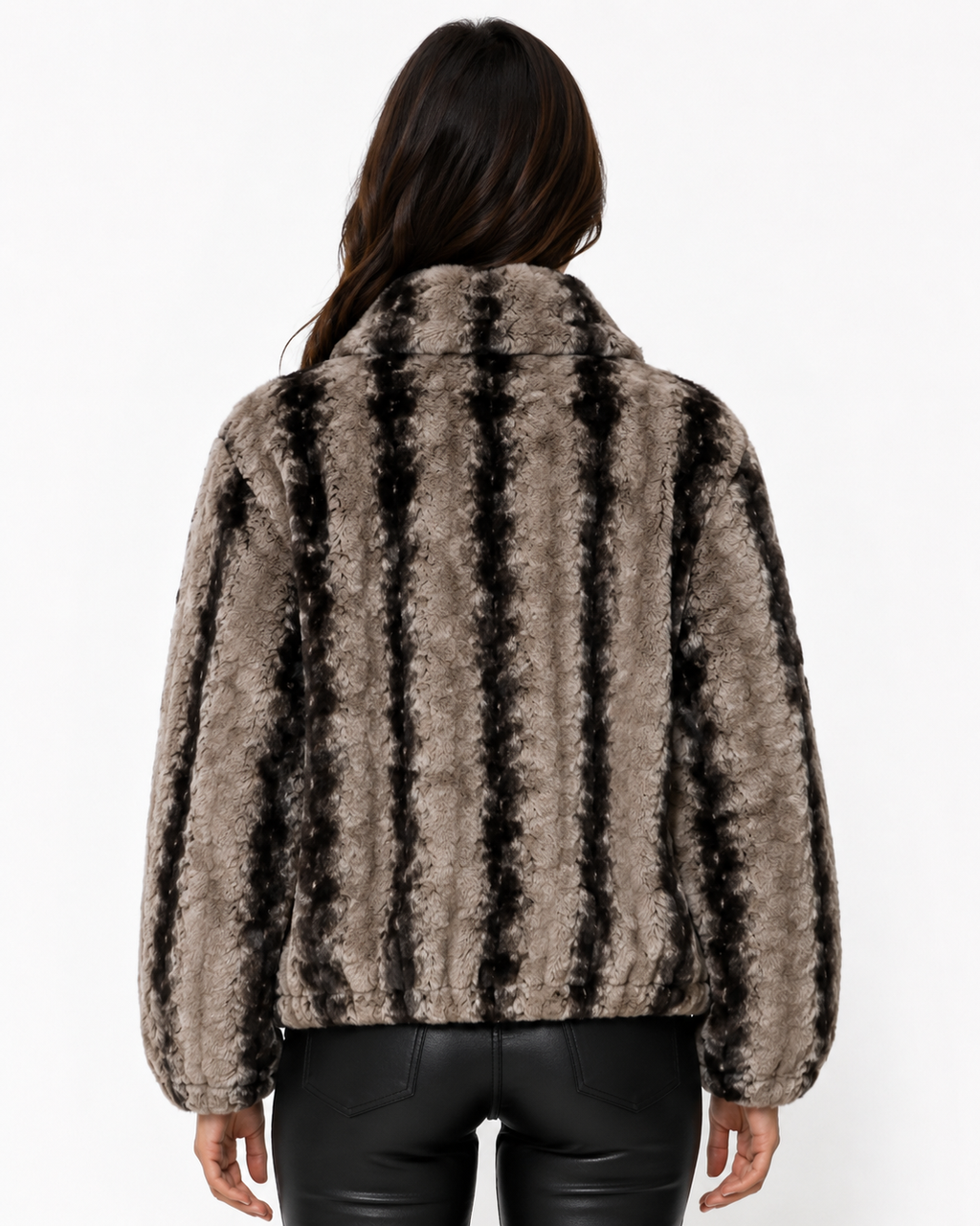 Women Rabbit Fur Bomber Jacket With Black Stripes