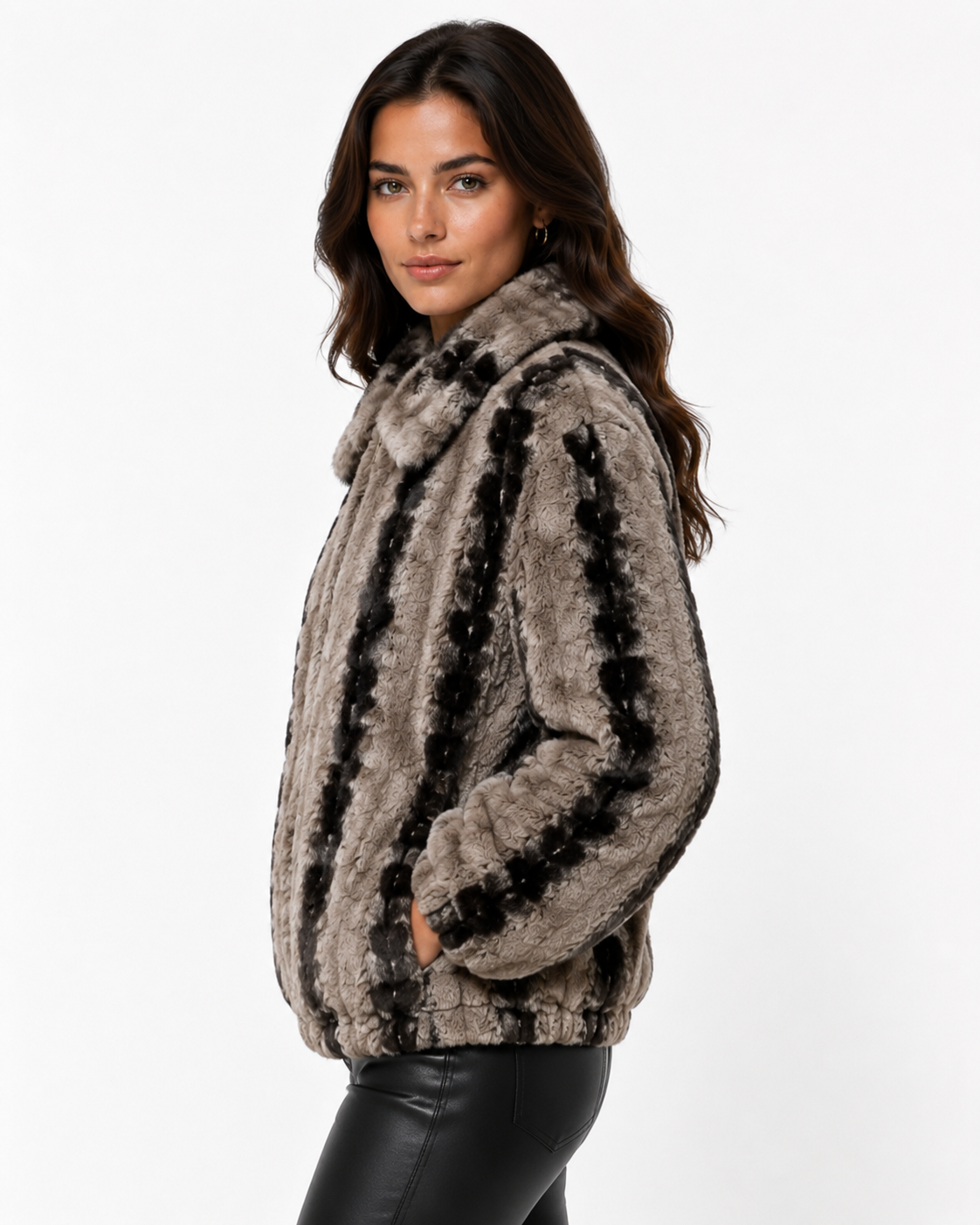 Women Rabbit Fur Bomber Jacket With Black Stripes