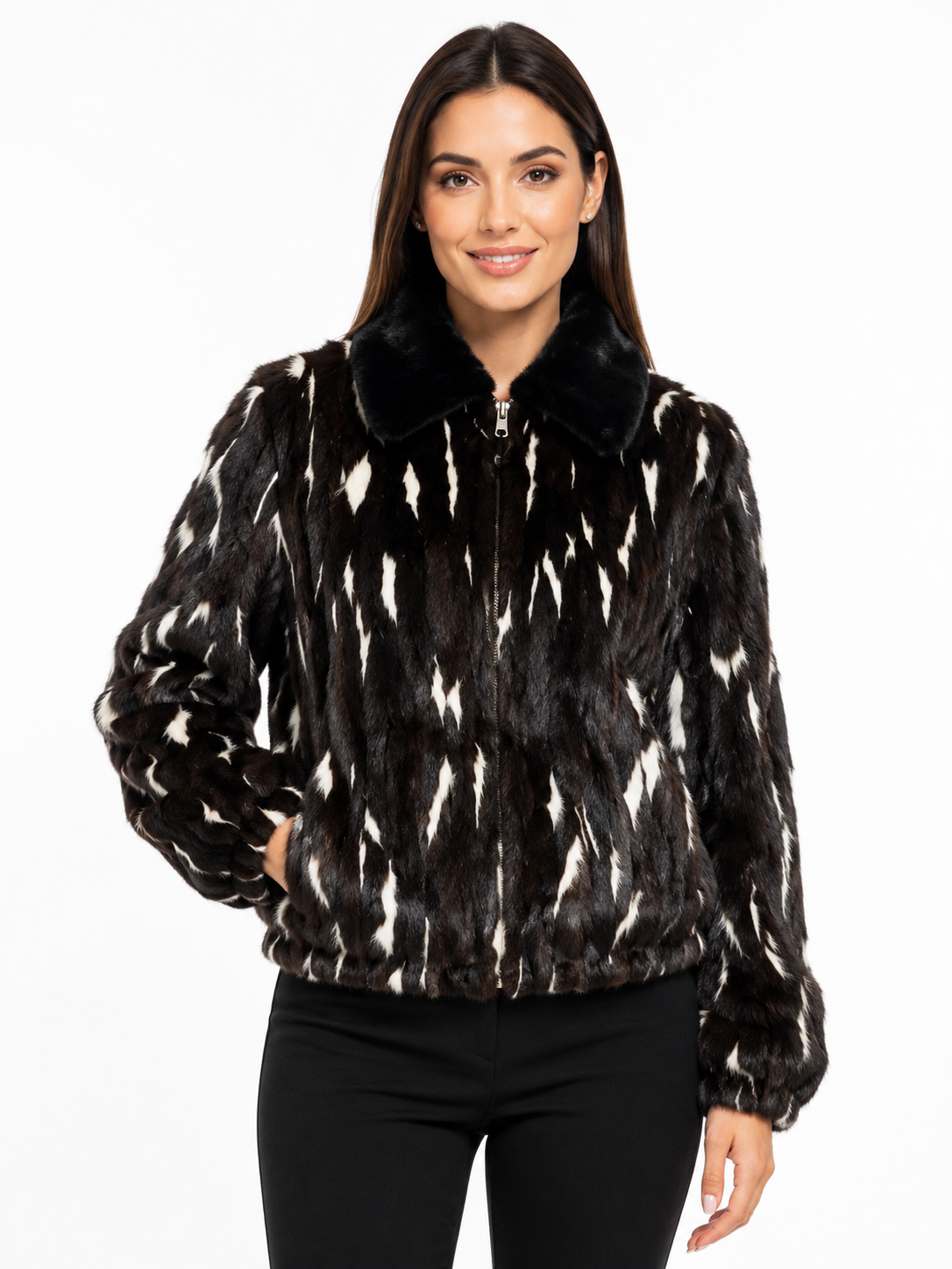 Dark Brown & White Mink Fur Bomber Jacket