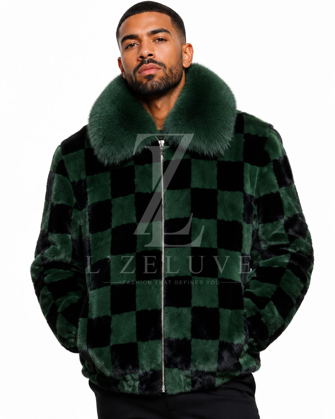 Green & Black Mink Fur Bomber Jacket for Men