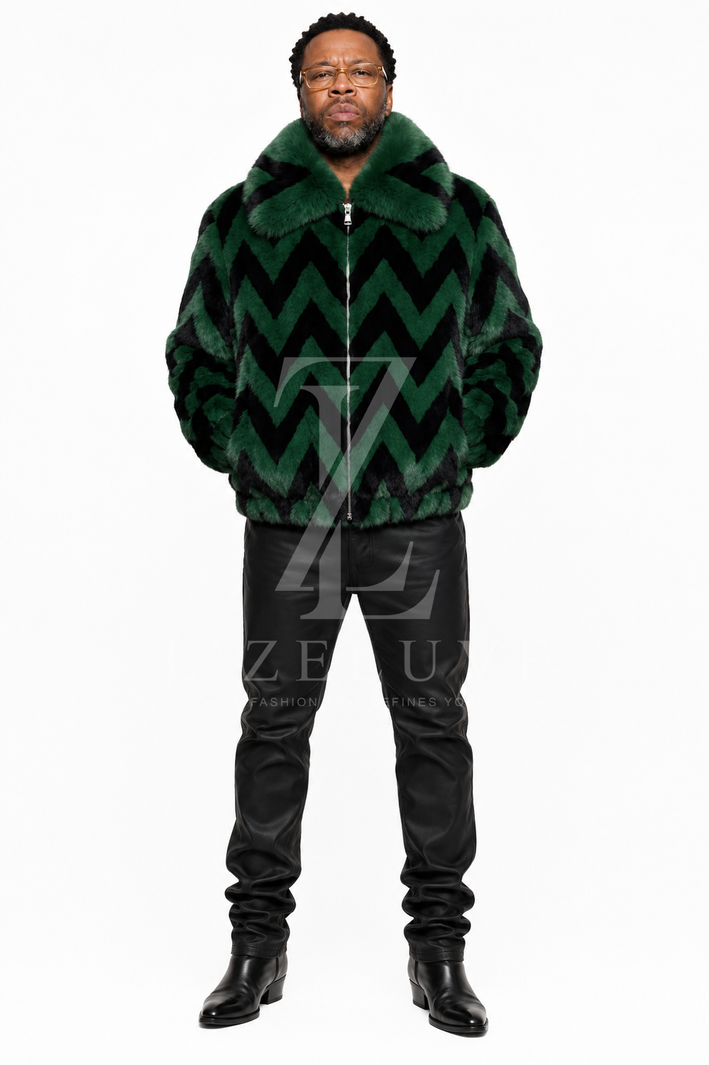 Green & Black Mink Fur Bomber Jacket for Men