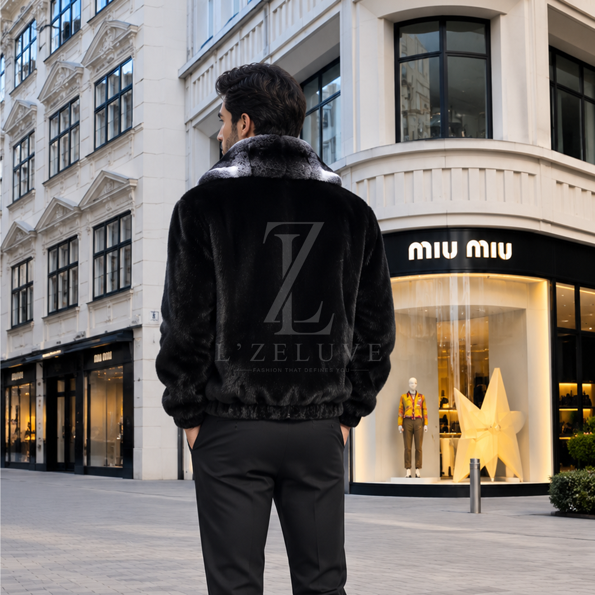 Men's Black Mink Fur Jacket with Natural Chinchilla Fur Collar