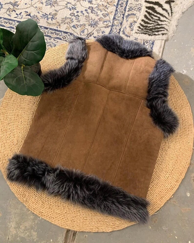 Women’s Brown Suede Fur Trim Vest