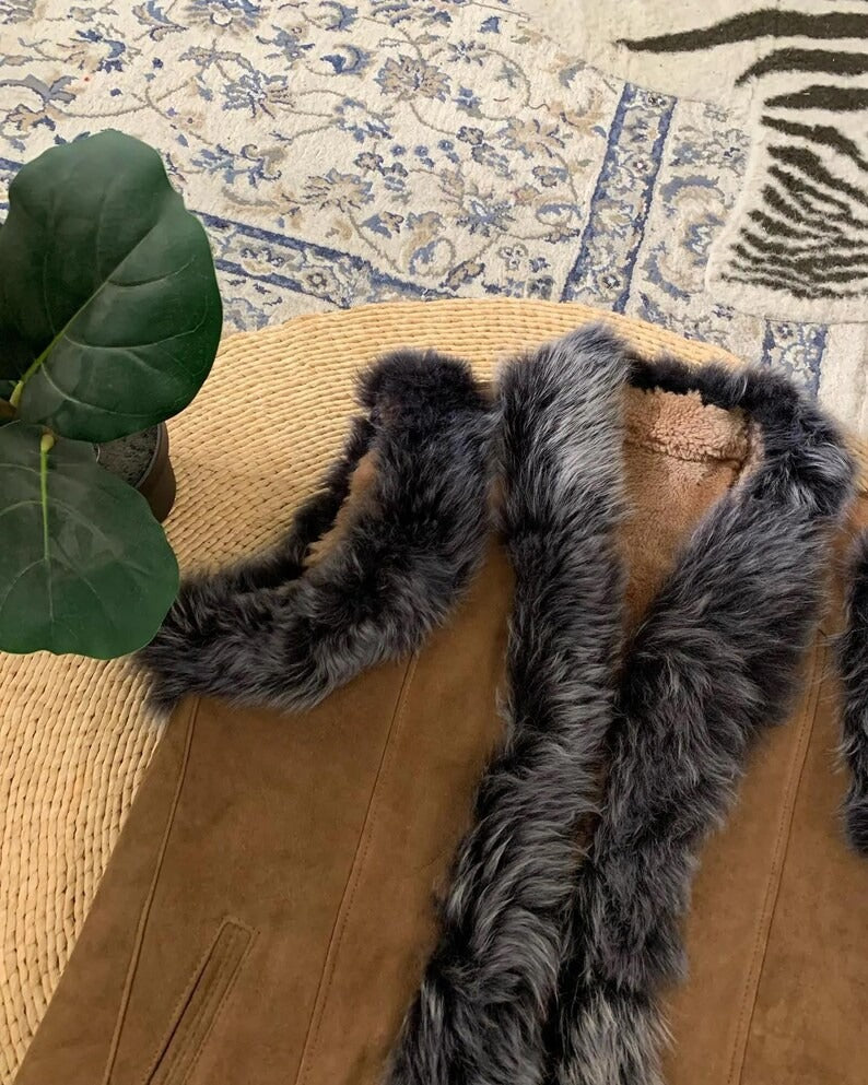 Women’s Brown Suede Fur Trim Vest