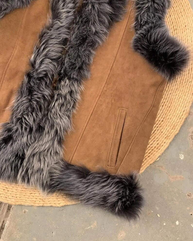 Women’s Brown Suede Fur Trim Vest
